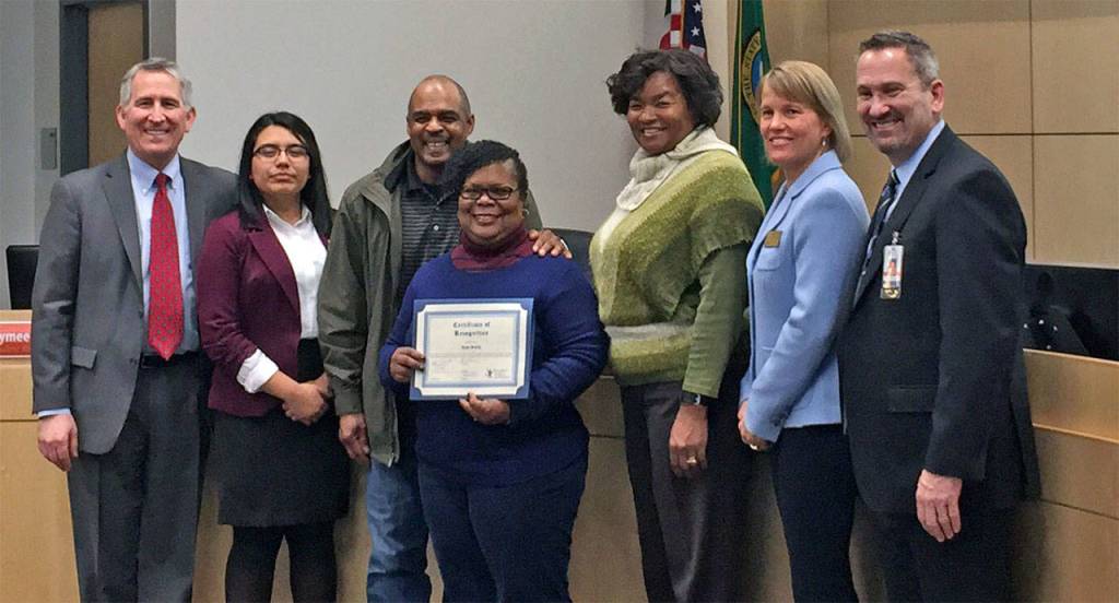 Snohomish County Branch NAACP awarded its President&rsquo;s Award to Jackson High School teacher Rose Smith (center). Smith accepted the honor with her husband Tony (behind her) from the Everett School Board and Superintendent Gary Cohn (far left) at the Board&rsquo;s March 7 meeting. (Contributed photo)