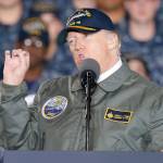 President Donald Trump speaks to Navy and shipyard personnel aboard the nuclear aircraft carrier Gerald R. Ford at Newport News Shipbuilding in Newport News, Virginia, on Thursday. (AP Photo/Steve Helber)