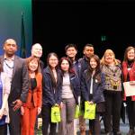 Pictured from left are Edmonds Community College employees Lynne Rigoroso, executive assistant; Dan White, paralegal instructor; Marie Tran, business management instructor; Wayne Anthony, director of the Center for Student Engagement and Leadership; Ethics Challenge team members Linh Tran, Maria French, Tri Minh Do, Natcha Sriwongthai and Naol Debele; Terry Cox, vice president of Workforce and Development and Training; Kathryn Wyatt, Boeing staff analyst; and Charles Ruthford, master of ceremonies. (Contributed photo)