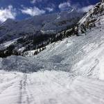 Washington State Department of Transportation avalanche technicians ventured into the closed section of Highway 20 on March 16 to assess conditions, snow levels and safety risks, including this slide near Liberty Bell Mountain. Crews hope to begin clearing the highway in April after the threat of further avalanches has passed. (WSDOT photo)