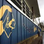 The Banks High School mascot is visible on the side of the football stands at the school in Banks, Oregon, on Thursday, March 23. (AP Photo/Gillian Flaccus)