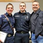 North County paramedic Eric Johnson (from left) and firefighter Blake Churchill were honored with the Marysville Fire District&rsquo;s Phoenix Award for helping to save the life of Marysville Fire District paramedic Kevin Johnson. North County firefighter Patrick Fournier (not pictured) also was honored. (Contributed photo)