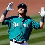 Mariners utilityman Taylor Motter celebrates after hitting a home run in the third inning of a spring training game against the Rangers on March 6, 2017, in Peoria, Ariz. (AP Photo/Matt York)