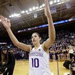Washington&rsquo;s Kelsey Plum waves to fans after the team&rsquo;s game against Utah on Feb. 25, 2017, in Seattle. (AP Photo/Elaine Thompson)