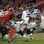 Seahawks offensive tackle George Fant (74) sets up to block against Buccaneers defensive end Noah Spence (57) during the second half of a game Nov. 27, 2016, in Tampa, Fla. (AP Photo/Phelan M. Ebenhack)