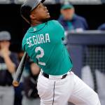 The Mariners&rsquo; Jean Segura bats during the second inning of a spring training game against the Royals on Feb. 27, 2017, in Peoria, Ariz. (AP Photo/Charlie Riedel)