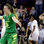 Oregon&rsquo;s Sabrina Ionescu smiles after her team defeated Washington 70-69 in a Pac-12 tournament game on March 3, 2017, in Seattle. (AP Photo/Elaine Thompson)