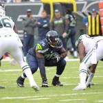Seahawks offensive guard Germain Ifedi (76) waits for the snap in a three-point stance during the second half of a game against the Jets on Oct. 2, 2016, in East Rutherford, N.J. (AP Photo/Bill Kostroun)