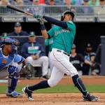 The Mariners&rsquo; Leonys Martin bats during the second inning of a spring training game against the Royals on Feb. 27, 2017, in Peoria, Ariz. (AP Photo/Charlie Riedel)