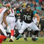 Former Jaguars tackle Luke Joeckel (76) blocks during a preseason game against the Buccaneers on Aug. 20, 2016, in Jacksonville, Fla. Joeckel has reportedly reached a deal to join the Seahawks. (AP Photo/Phelan M. Ebenhack)