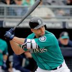 Mariners catcher Mike Zunino bats during the first inning of a spring training game against the Royals on Feb. 27, 2017, in Peoria, Ariz. (AP Photo/Charlie Riedel)