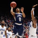Mount St. Mary&rsquo;s Junior Robinson (0) shoots against New Orleans&rsquo; Nate Frye (3) in the second half of a First Four game of the NCAA tournament on March 14, 2017, in Dayton, Ohio. Mount St. Mary&rsquo;s won 67-66. (AP Photo/John Minchillo)