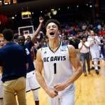UC Davis&rsquo; Lawrence White (1) celebrates after beating North Carolina Central 67-63 in a First Four game of the NCAA tournament on March 15, 2017, in Dayton, Ohio. (AP Photo/John Minchillo)