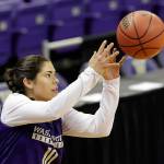 Washington&rsquo;s Kelsey Plum reaches for a passed ball at a practice a day before the team&rsquo;s first round NCAA Tournament game March 17, 2017, in Seattle. (AP Photo/Elaine Thompson)
