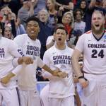 The Gonzaga bench celebrates during the second half of an NCAA Tournament game against Northwestern on March 18, 2017, in Salt Lake City. (AP Photo/Rick Bowmer)