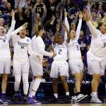 Washington players react to a score in the second half of an NCAA Tournament game against Oklahoma on March 20, 2017, in Seattle. Washington won 108-82. (AP Photo/Elaine Thompson)