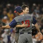 The United States&rsquo; Buster Posey and Luke Gregerson celebrate after the United States defeated Japan, 2-1, in a semifinal in the World Baseball Classic on March 21, 2017, in Los Angeles. (AP Photo/Chris Carlson)
