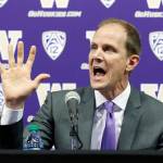 Mike Hopkins talks to reporters after he was introduced as Washington&rsquo;s new head basketball coach on March 22, 2017, in Seattle. (AP Photo/Ted S. Warren)
