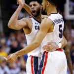 Gonzaga guard Josh Perkins (left) celebrates with teammate Nigel Williams-Goss after a win over West Virginia in an NCAA Tournament game March 23, 2017, in San Jose, Calif. (AP Photo/Tony Avelar)
