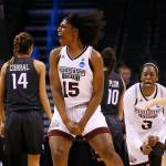 Mississippi State center Teaira McCowan (15) celebrates during the second half of an NCAA Tournament regional semifinal against Washington on March 24, 2017, in Oklahoma City. (AP Photo/Sue Ogrocki)