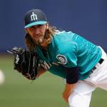 Mariners pitcher Dillon Overton warms up prior to a spring training game against the Rangers on March 25, 2017, in Peoria, Ariz. (AP Photo/Ross D. Franklin)