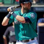 The Mariners&rsquo; Mitch Haniger bats during the first inning of a spring training game against the Rangers on March 6, 2017, in Peoria, Ariz. (AP Photo/Matt York)