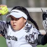 Jackson&rsquo;s Iyanla Pennington winds up for a pitch during a game against Snohomish on March 16, 2017, at Valley View Middle School in Snohomish. Jackson won 3-1. (Kevin Clark / The Herald)