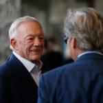 Dallas Cowboys owner Jerry Jones arrives Monday for the NFL&rsquo;s annual meetings in Phoenix. (AP Photo/Ross D. Franklin)