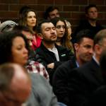 A meeting room at Fire District 1 in Everett is filled during a public comment period to address concerns regarding racist statements made by Commissioners David Chan and Bob Meador at a meeting on March 7. (Ian Terry / The Herald)