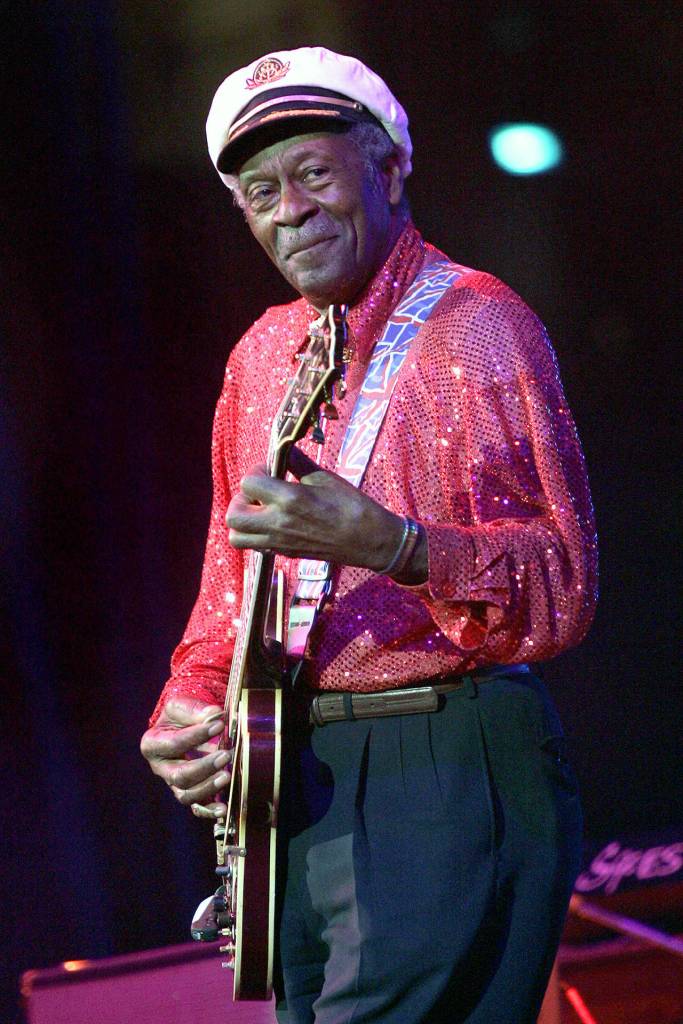 In this May 30, 2009 photo, Chuck Berry performs at The Domino Effect, a tribute concert to New Orleans rock and roll musician Fats Domino, at the New Orleans Arena in New Orleans. (AP Photo/Patrick Semansky)