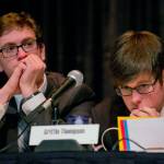 Monroe&rsquo;s Quinn Geraghty and Griffin Thompson ponder a question as they compete in the championships at Stanwood High School on Friday. (Andy Bronson / The Herald )