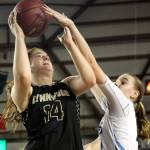 Lynnwood&rsquo;s Kelsey Rogers attempts a shot over Gig Harbor&rsquo;s Brynne Maxwell during the 2017 Hardwood Classic state tournament Wednesday morning at the Tacoma Dome on March 1, 2017. (Kevin Clark / The Herald)