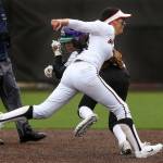 Monroe&rsquo;s Morgan Allen (19) tags out Edmonds-Woodway&rsquo;s Ciara Ortiz during a game March 21, 2017, in Monroe. (Andy Bronson / The Herald)