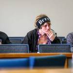 Ian Digre&rsquo;s girlfriend, Katreena Barlow (left), Mariah Arballo and Sano Howard listen as Krese talks before passing sentence. The three, according to Barlow, were Digre&rsquo;s best friends. Each of them gave testimony prior to the sentencing. (Dan Bates / The Herald)
