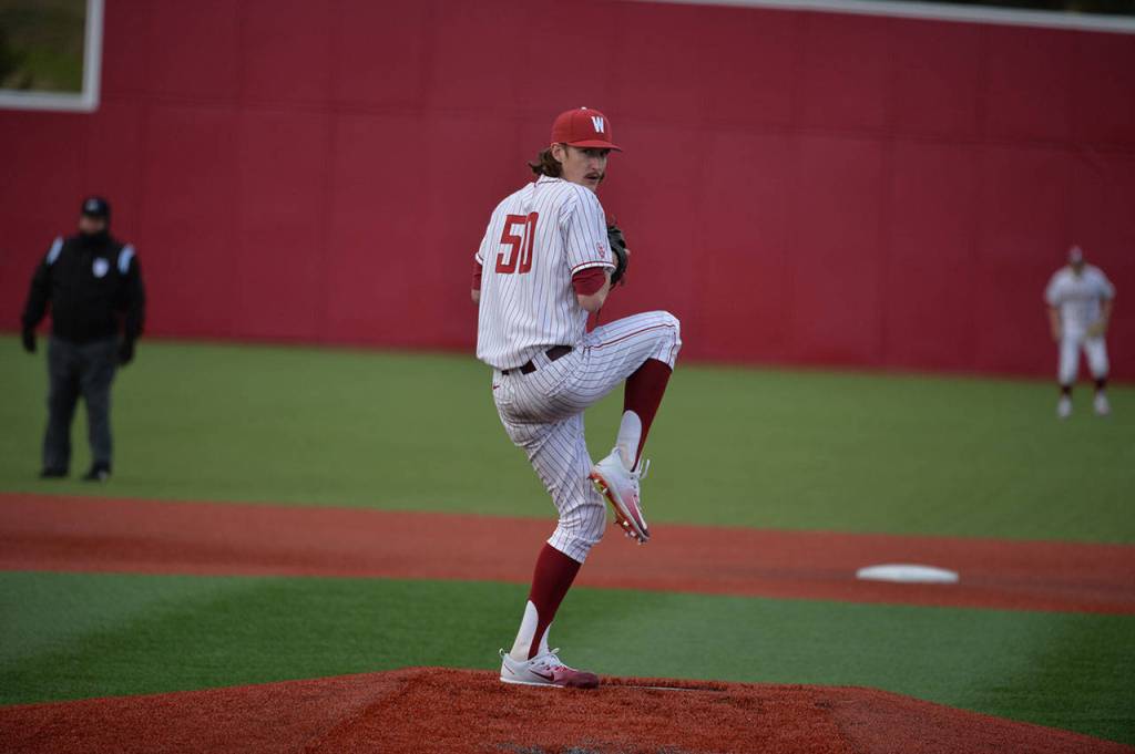 Marysville Pilchuck alum Cody Anderson pitches against Stephen F. Austin during a game on March 5, 2017, in Pullman. Anderson pitched six innings as the Cougars combined to no-hit the Lumberjacks in a 7-3 win. (Washington State Athletics)