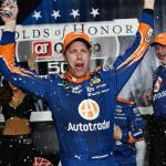 Brad Keselowski celebrates in Victory Lane after winning a NASCAR Monster Cup series auto race at Atlanta Motor Speedway in Hampton, Ga., Sunday, March 5. (AP Photo/John Amis)