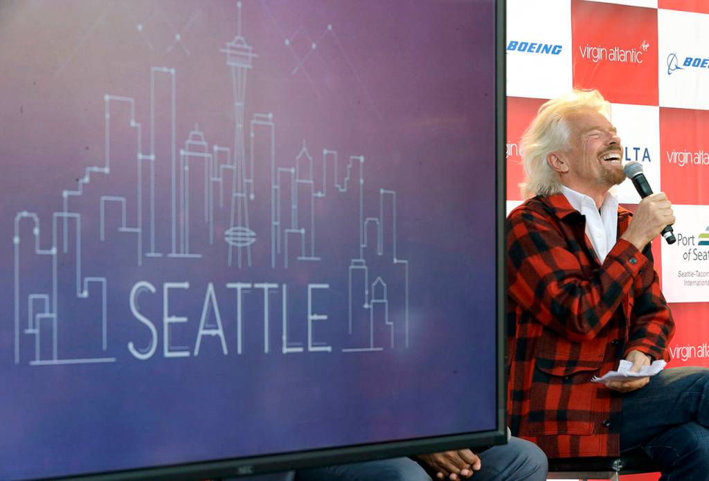 Sir Richard Branson speaks at a news conference Monday at Sea-Tac Airport. (AP Photo/Ted S. Warren)