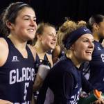 Glacier Peak players after beating Moses Lake in the 2017 4A Hardwood Classic state tournament Friday night at the Tacoma Dome. (Kevin Clark / The Herald)