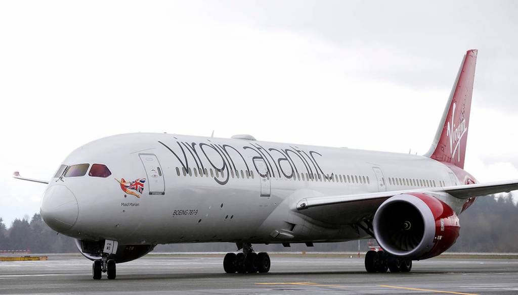 A Virgin Atlantic Boeing 787-9 passenger airplane arrives following a flight from London to Seattle on Monday, March 27, at Seattle-Tacoma International Airport in Seattle. (AP Photo/Ted S. Warren)
