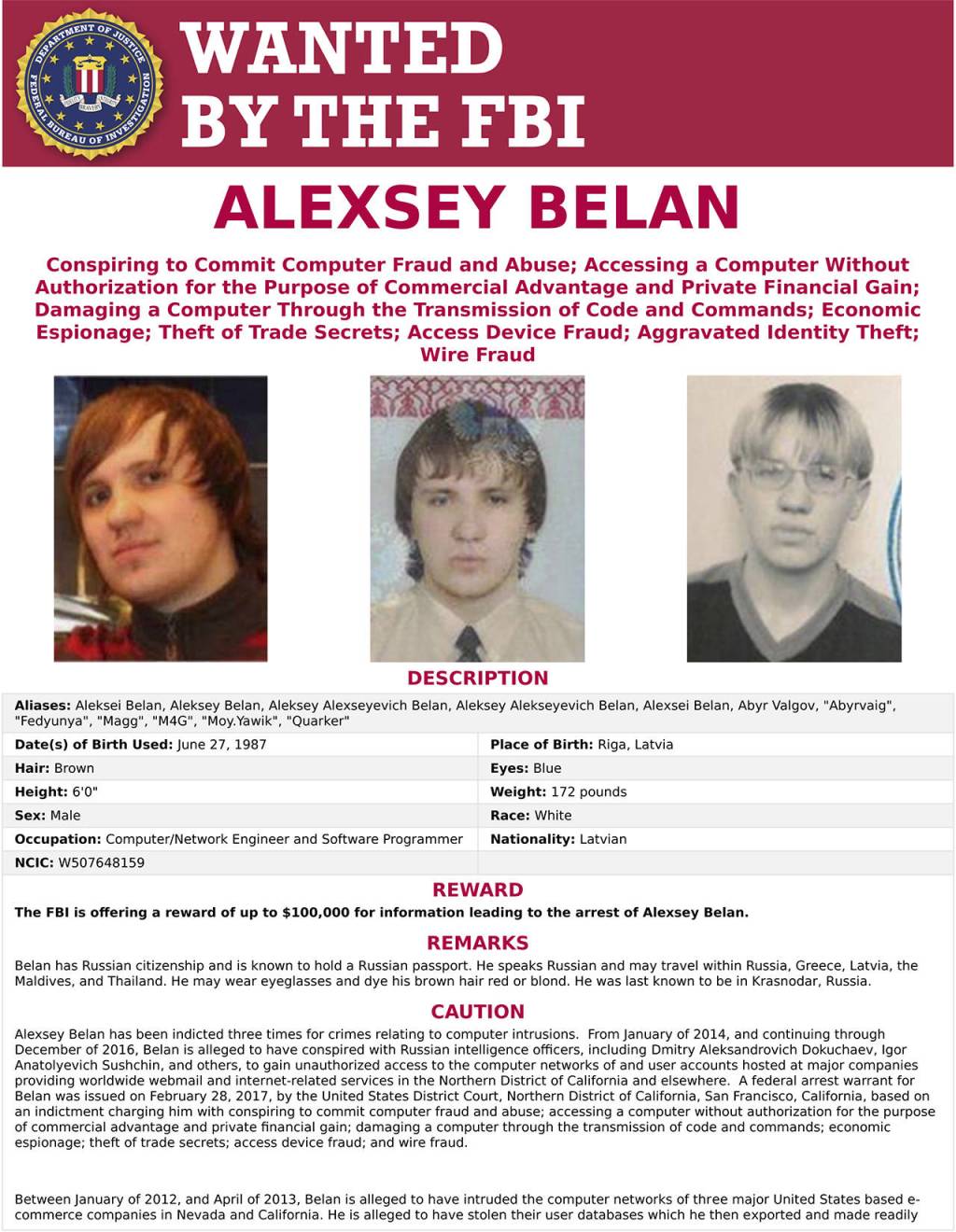 This wanted poster shows Alexsey Alexseyevich Belan, aka &ldquo;Magg,&rdquo; 29, a Russian national and resident. (FBI via AP)