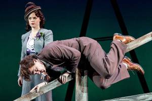 Pamela (Emily Cawley), left, and Richard Hannay (Aaron Lamb) in &ldquo;The 39 Steps&rdquo; at Village Theatre from March 3-26 at Everett Performing Arts Center. (Mark Kitaoka, Village Theatre)