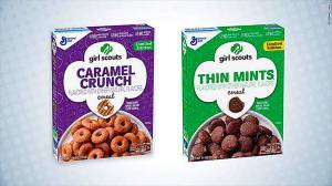 New this year are Girl Scout Cookie-inspired cereals based on two favorites: Thin Mints and Samoas/Caramel deLites.