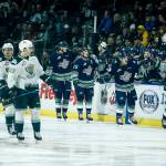Seattle celebrates a second-period goal during the first game of their second-round playoff series against Everett on April 7, 2017, at Xfinity Arena in Everett. (Ian Terry / The Herald)