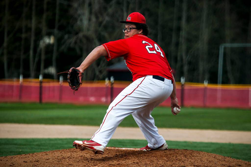 Archbishop Murphy starting pitcher Aleks Hansen delivers a pitch during a game against Cedar Park Christian on April 11, 2017, at Archbishop Murphy High School in Everett. (Ian Terry / The Herald)