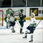 The Thunderbirds&rsquo; Alexander True (16) celebrates a goal during Game 3 of a second-round playoff series against the Silvertips on April 11, 2017, at the ShoWare Center in Kent. (Ian Terry / The Herald)