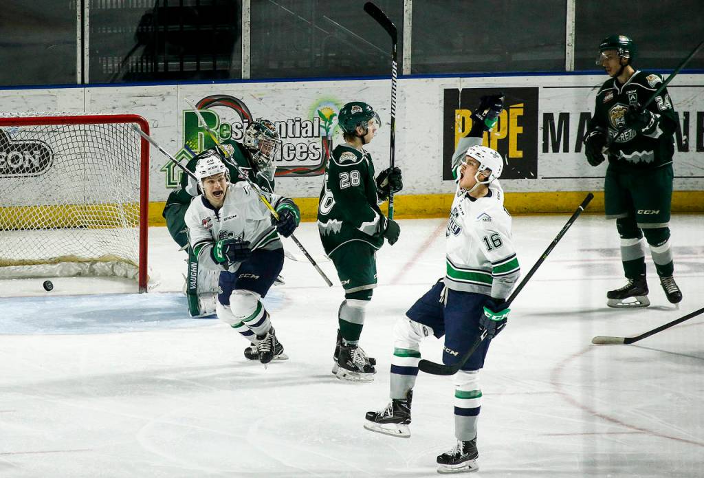 The Thunderbirds&rsquo; Alexander True (16) celebrates a goal during Game 3 of a second-round playoff series against the Silvertips on April 11, 2017, at the ShoWare Center in Kent. (Ian Terry / The Herald)
