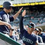 Carlos Osorio / Associated Press                                Seattle&rsquo;s Kyle Seager is greeted after scoring a run in the ninth inning of Thursday&rsquo;s game in Detroit.