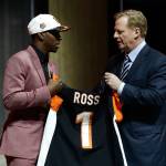 John Ross greets NFL commissioner Roger Goodell on Thursday after being selected by the Cincinnati Bengals during the first round of the 2017 NFL draft in Philadelphia. (AP Photo/Matt Rourke)
