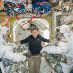 Astronaut Peggy Whitson (center) floats inside the International Space Station with Thomas Pesquet (left) and Shane Kimbrough before their spacewalk in January. Early Monday, space station commander surpassed the 534-day, two-hour-and-48-minute record set last year by Jeffrey Williams for most accumulated time in orbit by an American.(NASA via AP, File)