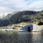 An artist&rsquo;s conception of a ferry approaching the entrance to a tunnel for ships. (Norwegian Coastal Administration)